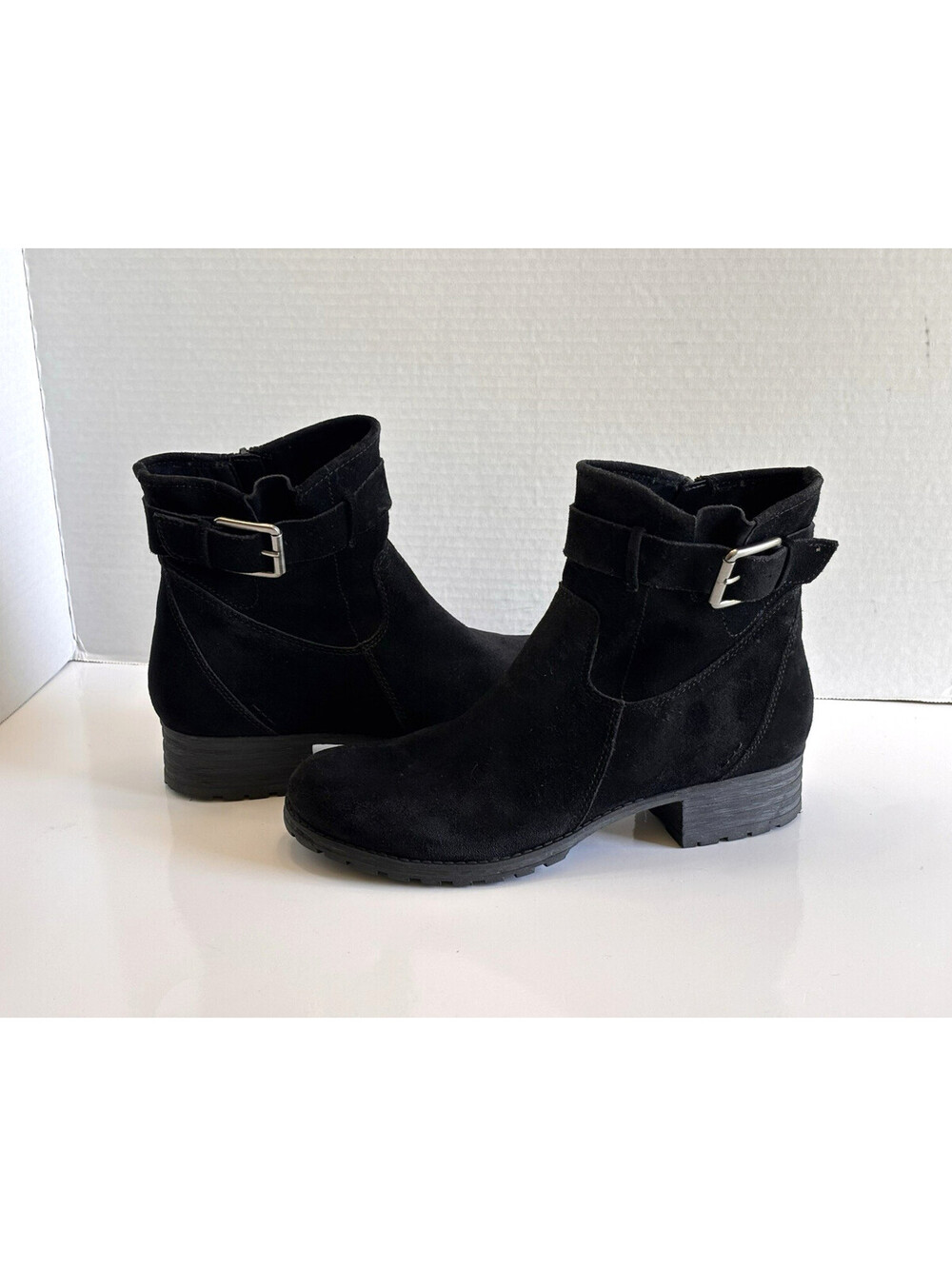 Clarks Marana Amber Ankle Boots Women's Sz 8.5M Black Suede Comfort Buckle Zip
